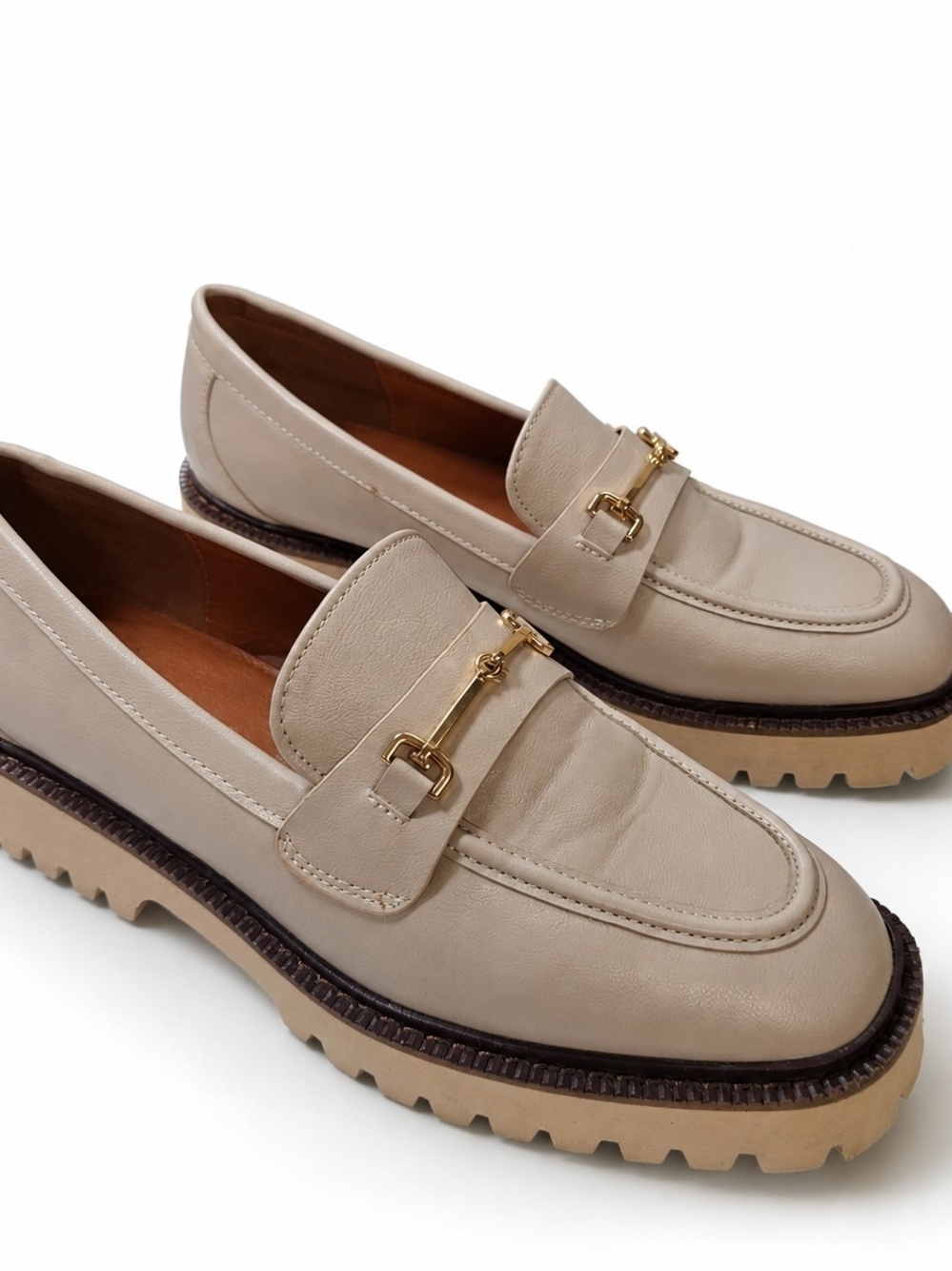 CCOCCI Vegan Leather Lug Sole Loafers Beige Gold Bit Shoes Size 9